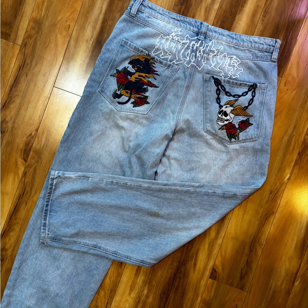 Men's Light Blue Jeans with Embroidered Design